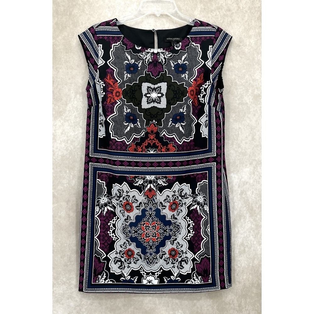 Banana Republic Shift Dress Size 6 Geometric Medallion Floral Cap Sleeve Stretch